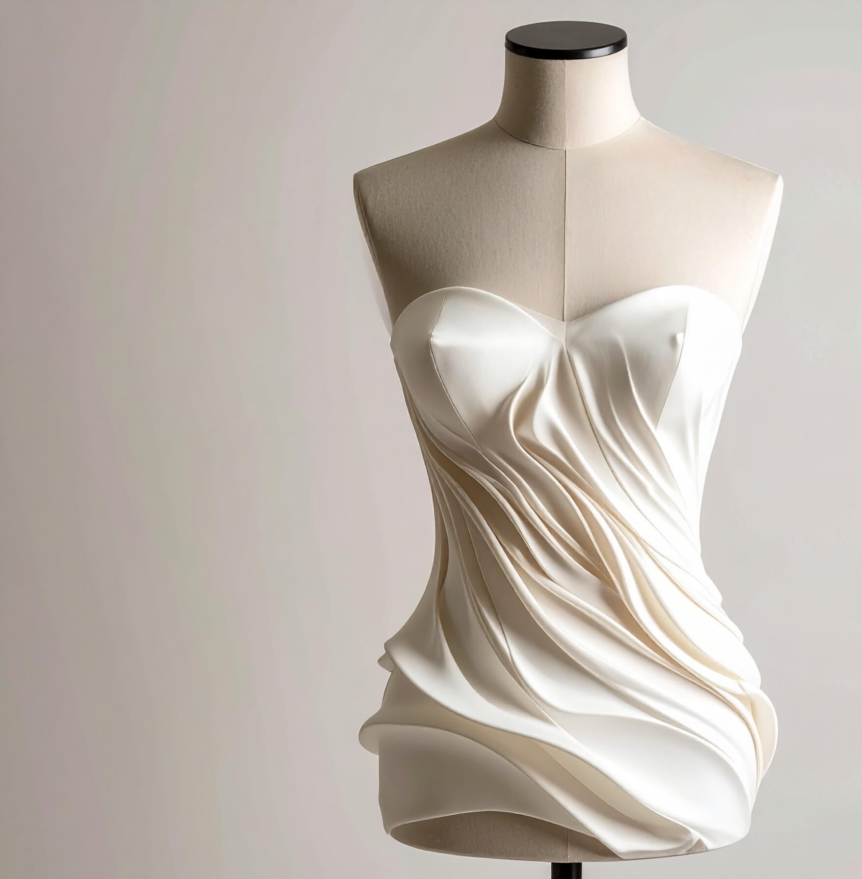 White strapless dress on a mannequin against a plain background