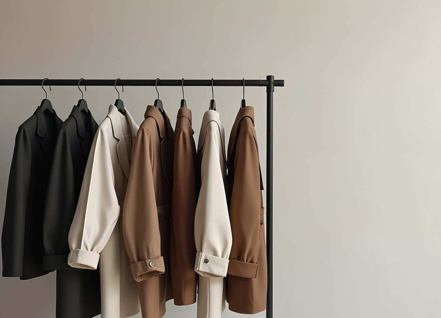 Collection of jackets on a rack against a plain wall