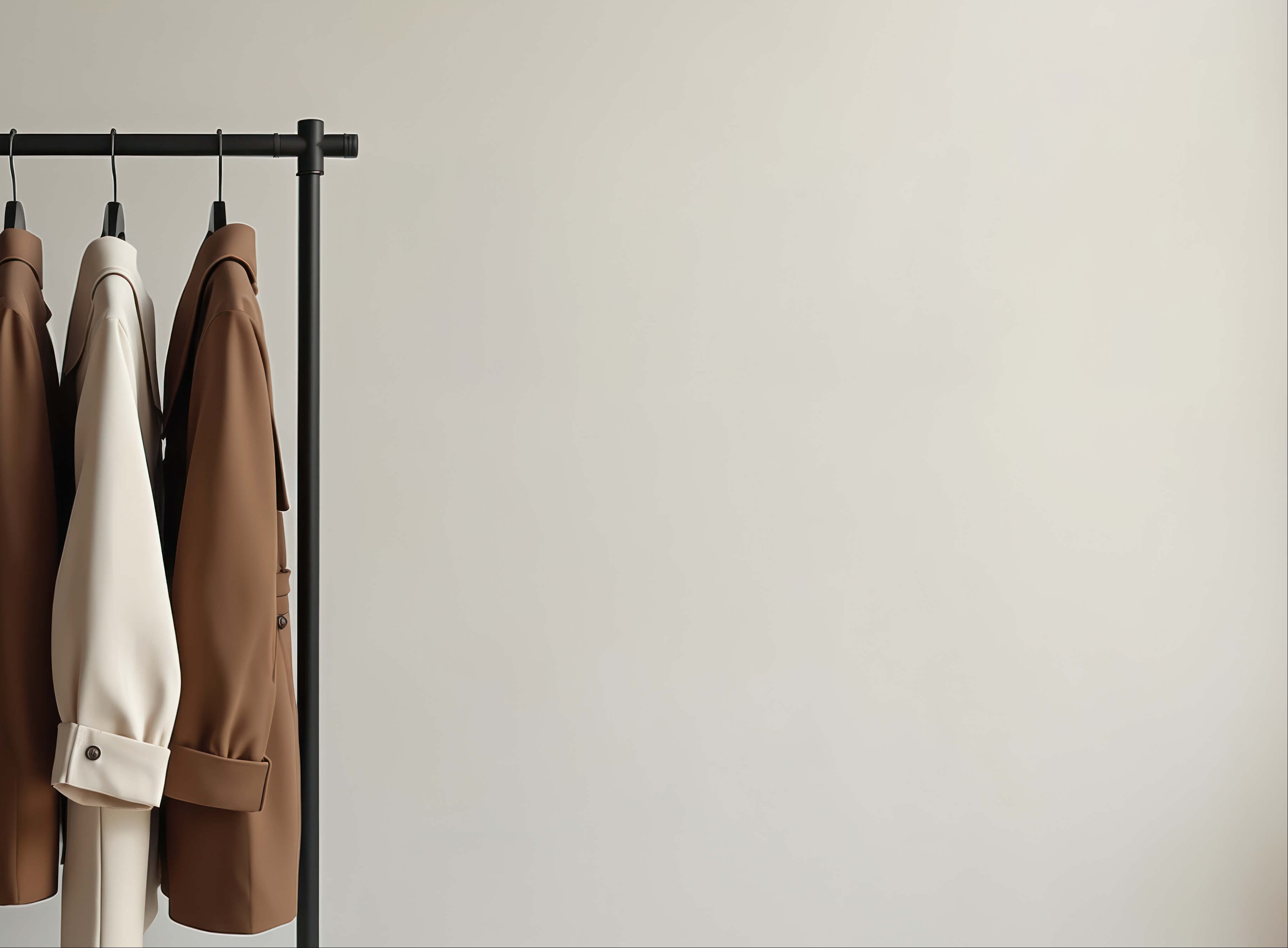 Collection of jackets on a rack against a plain wall