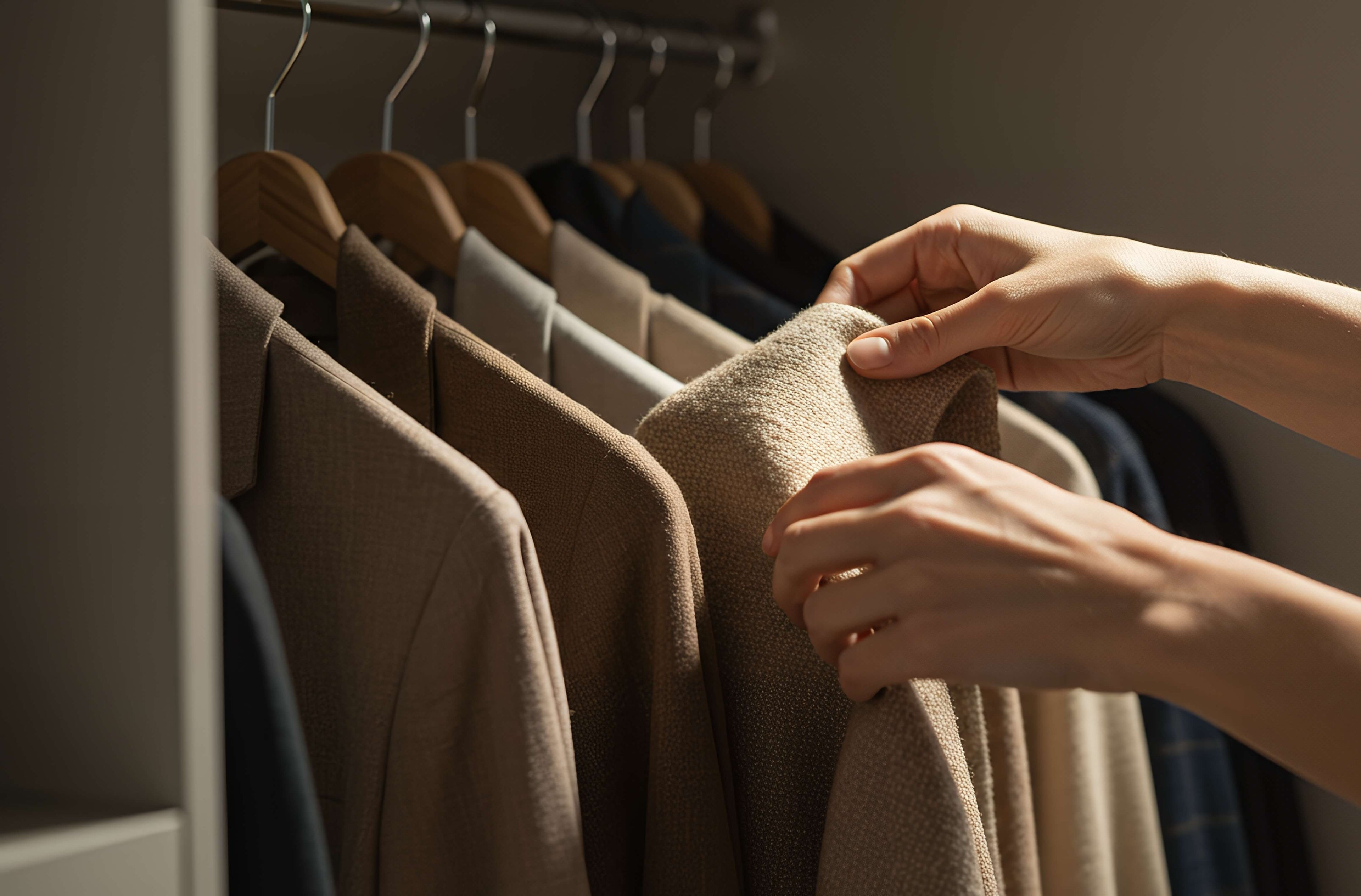 Person selecting a coat from a rack of clothes in a closet.