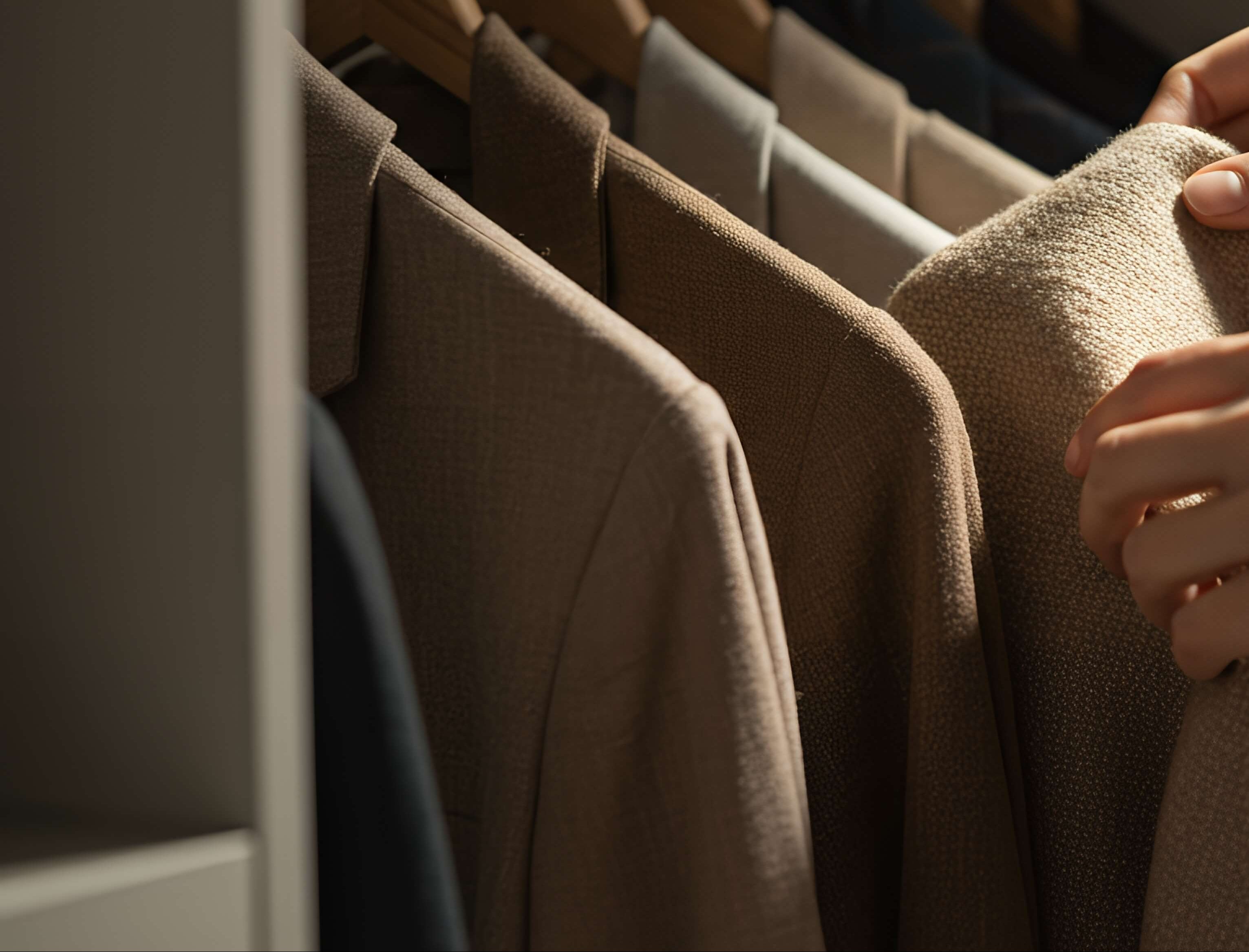 Person selecting a coat from a rack of clothes in a closet.
