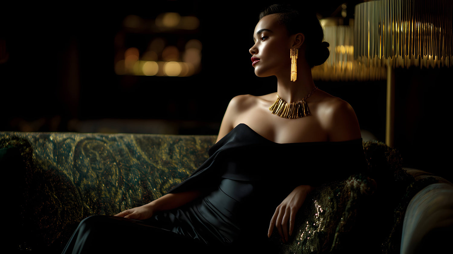 Woman in a black dress sitting on a patterned couch in a dimly lit room.