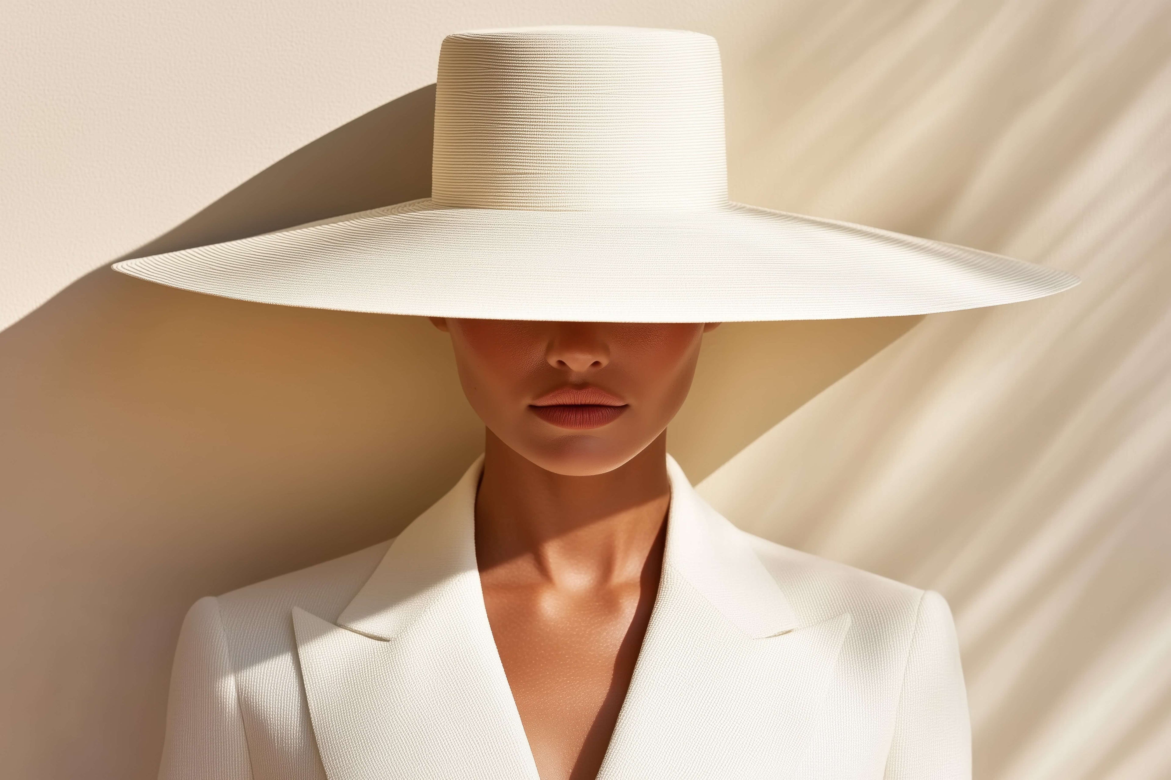 Person wearing a white wide-brimmed hat and suit against a neutral background