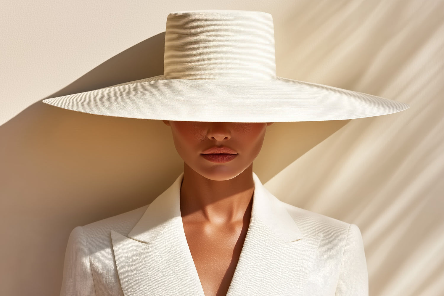 Person wearing a wide-brimmed white hat and white suit against a neutral background