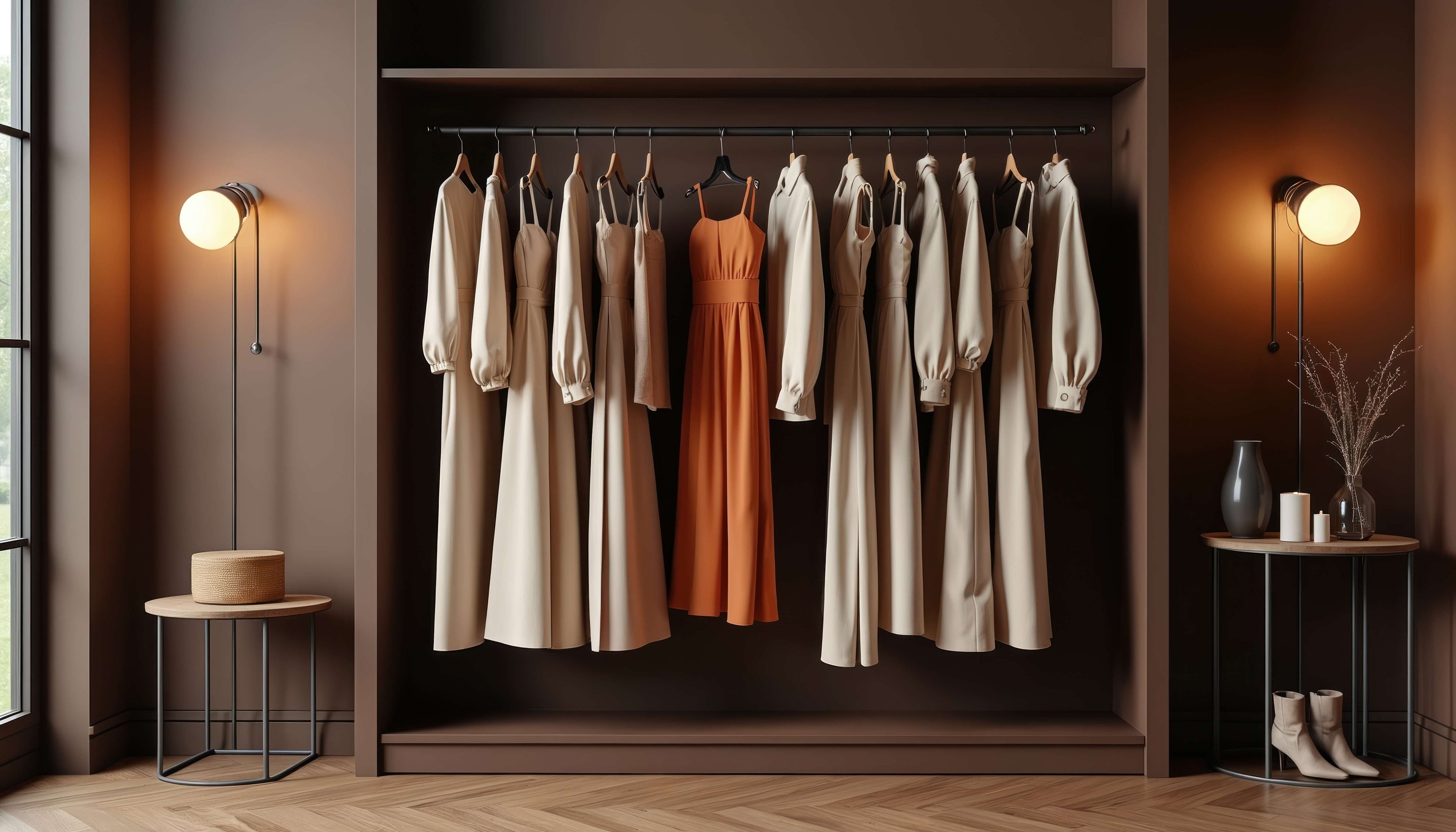 Closet with hanging dresses in a well-lit room