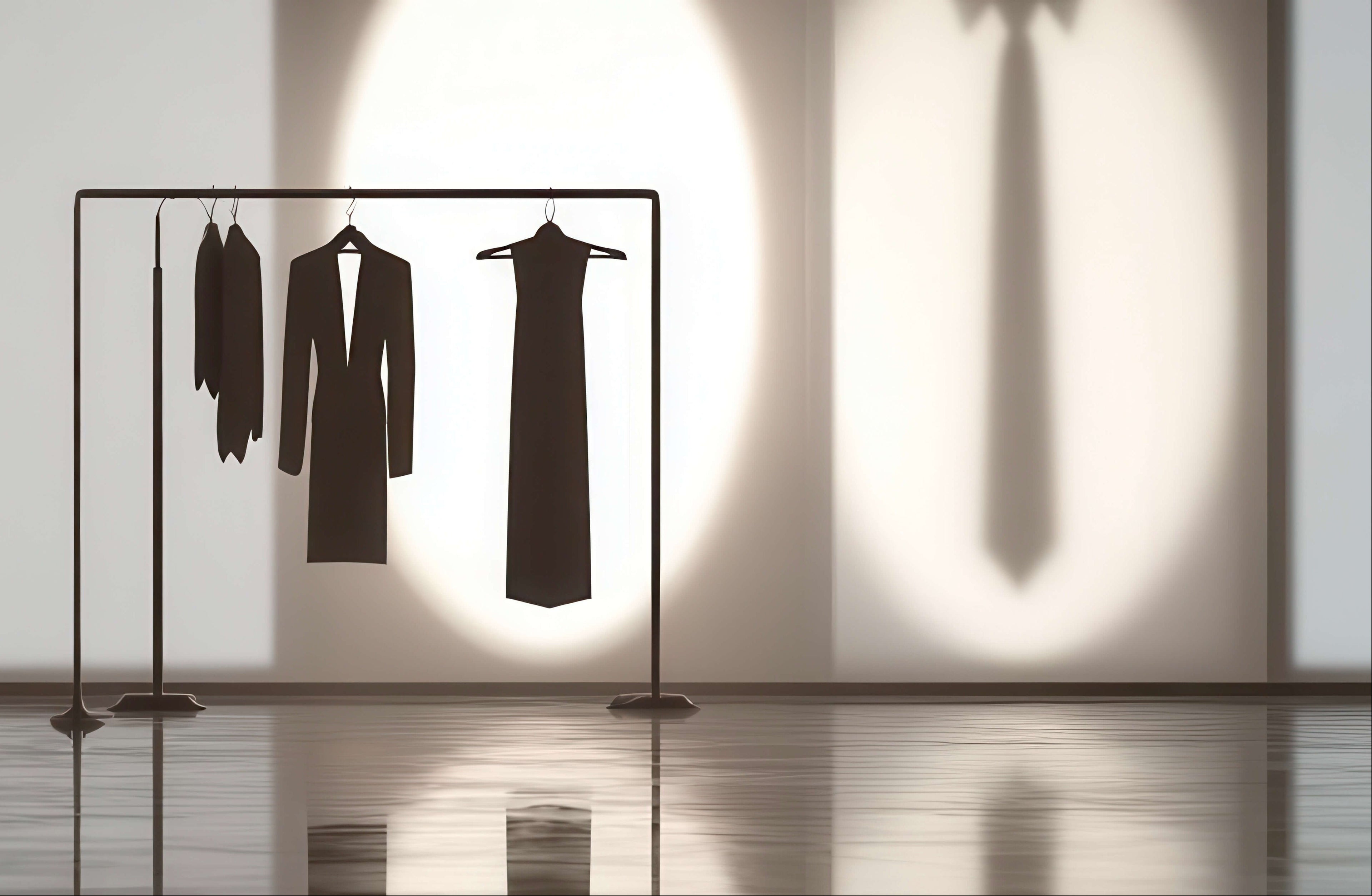 Black suit and dress on a stand against a white wall with shadows.